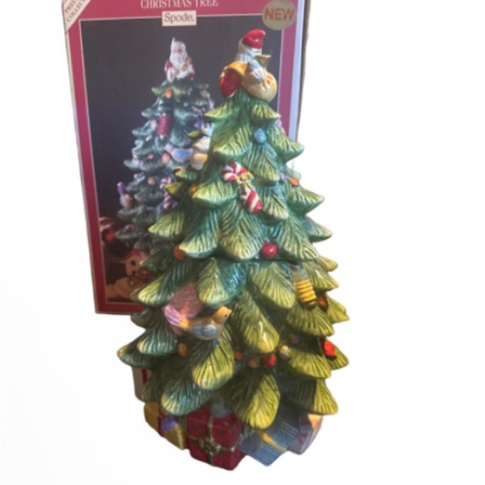 Spode Green Ceramic Christmas Tree jar decor with Ornaments